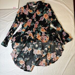 For The Republic Womens Floral High Low Ruffle‎ Peplum Blouse Black Medium